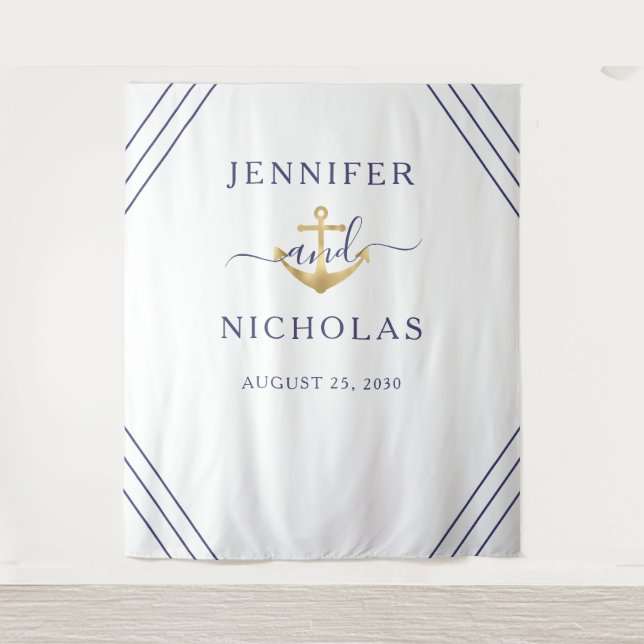 Tapiz Fondo para cabina de fotos de boda con ancla dorad (Anverso)