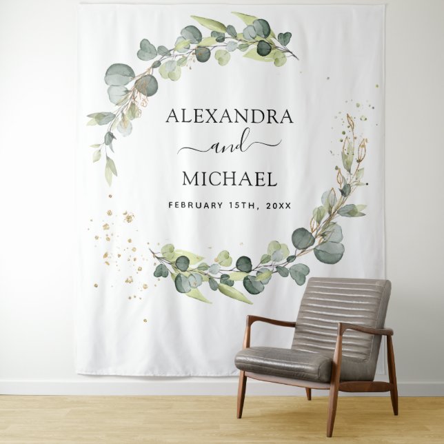 Tapiz Fondo para cabina de fotos de boda de eucalipto (In situ)