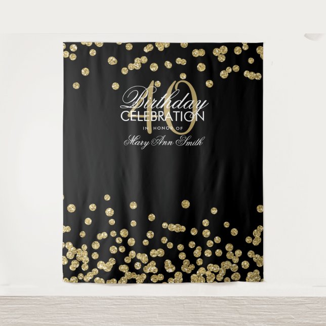 Tapiz Fondo para Cumpleaños 40 Gold Black Confetti (Anverso)