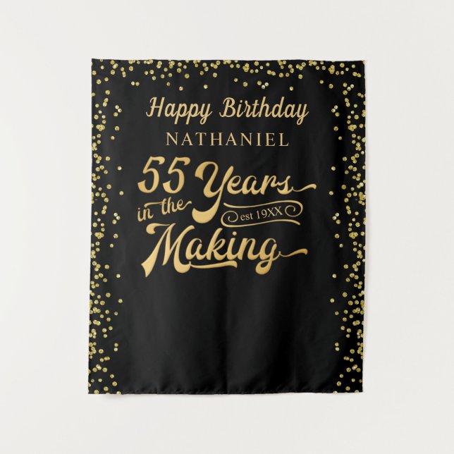 Tapiz Fondo para cumpleaños 55 negro confeti dorado (Anverso)