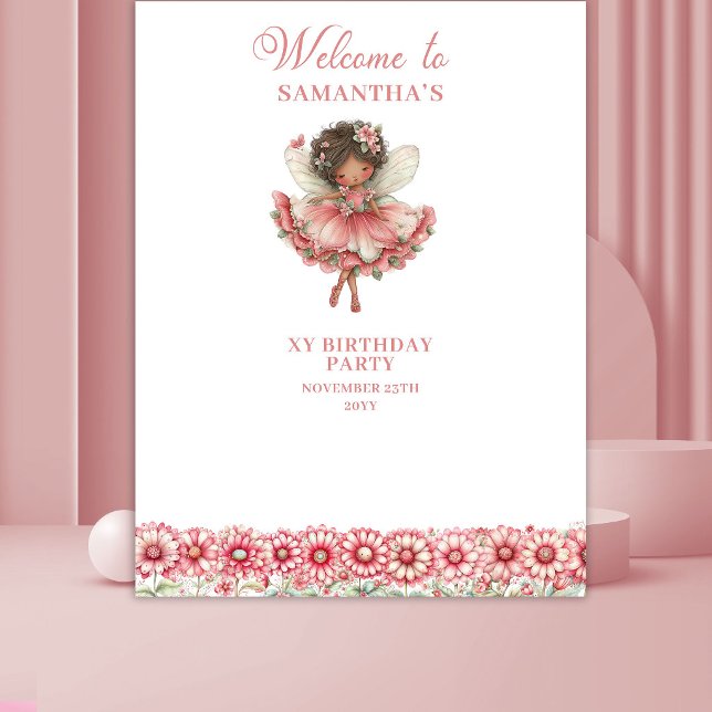 Tapiz Fondo para Cumpleaños de Hada Floral Rosa Lindo de (Cute Pink Floral Fairy 6th Birthday Backdrop)