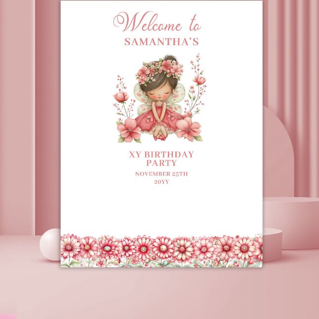 Tapiz Fondo para Cumpleaños número 4 de Hada Caprichosa  (Cute Whimsical Fairy Pink 4th Birthday Backdrop)