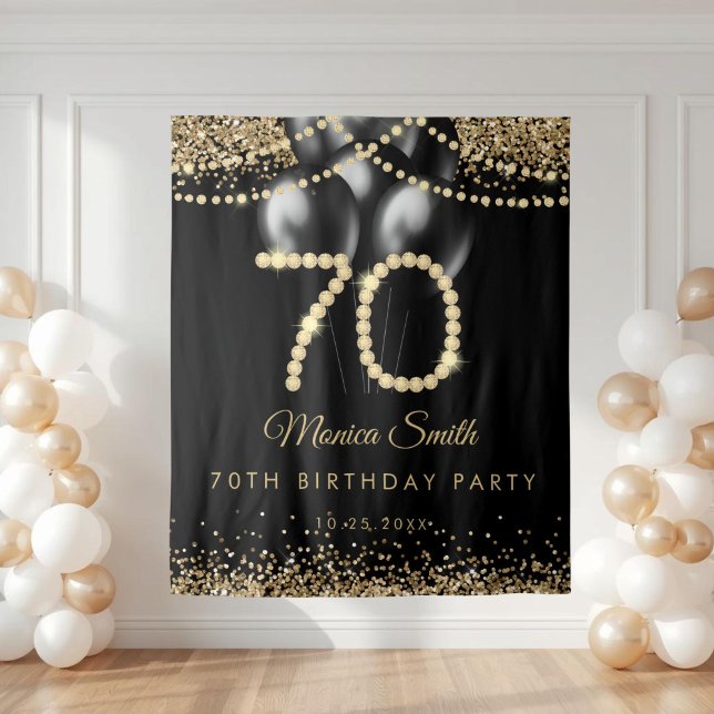Tapiz Fondo para Fiesta de Cumpleaños 70 años con Diaman (Gold Diamonds 70th Birthday Party Backdrop)
