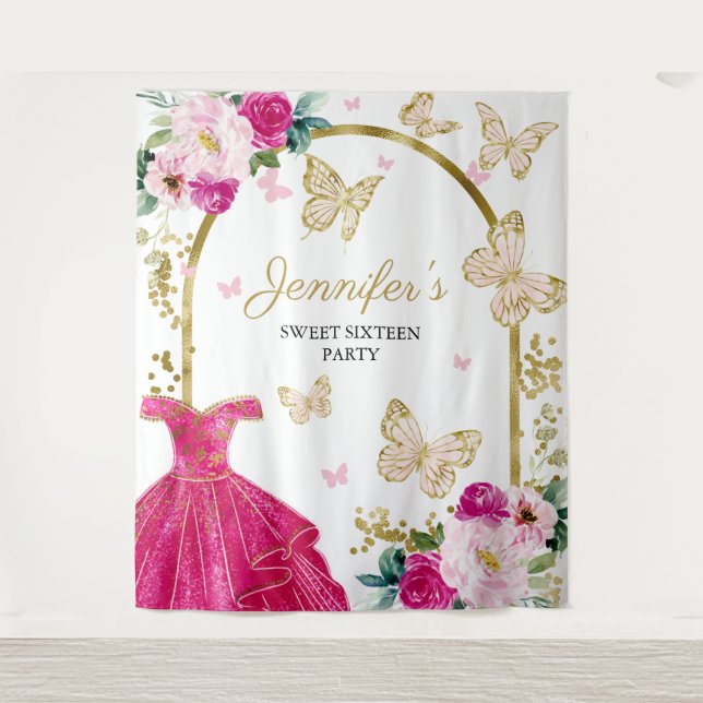 Tapiz Fondo para Fiesta de Dulces 16 - Vestido Floral de (Anverso)