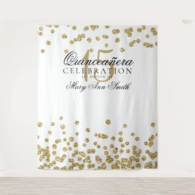 Tapiz Fondo para Fiesta de Quinceañera con Confeti Dorad (Anverso)
