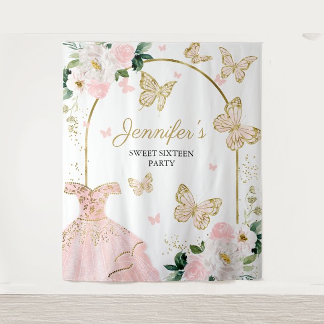 Tapiz Fondo para fiesta de Sweet 16 - Vestido floral de  (Anverso)