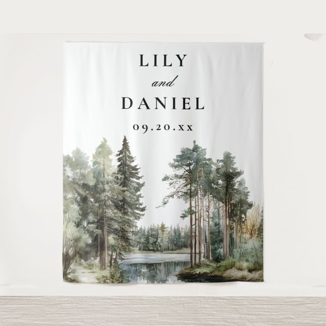 Tapiz Fondo para fotos de boda de lago bosque acuarela (Anverso)