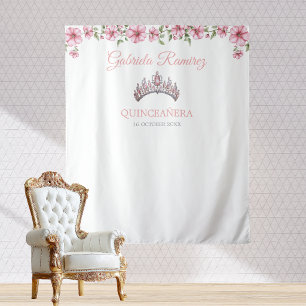 Tapiz Fondo para Mis Quince Quinceañera de Rosa y Plata
