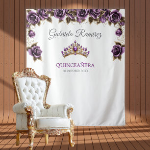 Tapiz Fondo para Quinceañera de Rosas con Tiara Dorada P