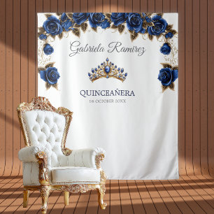 Tapiz Fondo para Quinceañera de Rosas Tiara Dorada Azul 