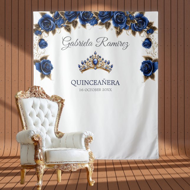 Tapiz Fondo para Quinceañera de Rosas Tiara Dorada Azul  (Subido por el creador)