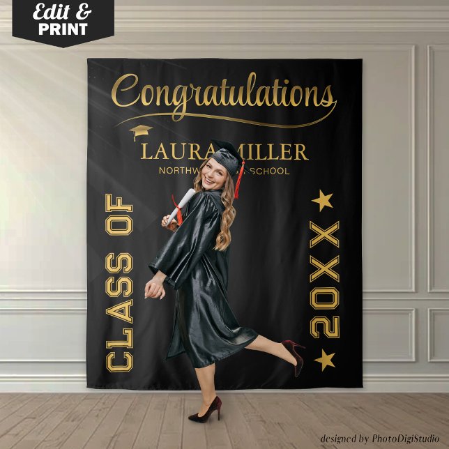 Tapiz Fondo personalizable de graduación negro y dorado  (Editable Black & Gold Graduation Photo Backdrop)