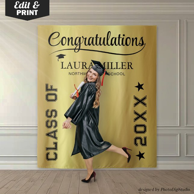 Tapiz Fondo personalizable de graduación negro y dorado  (Editable Black & Gold Graduation Photo Backdrop)