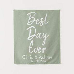 Tapiz Fondo personalizado de boda verde salvia Mejor día