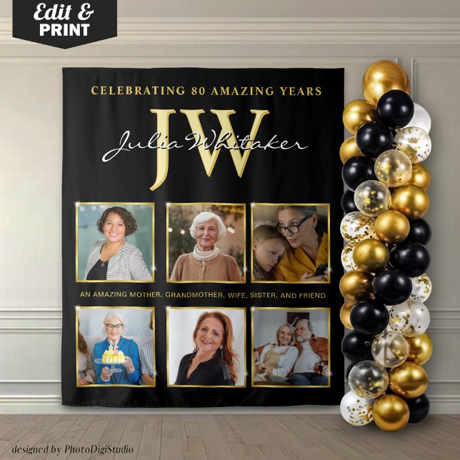 Tapiz Fondo personalizado de cumpleaños con iniciales do (Custom 80th Birthday Backdrop, Birthday Party Decor Gold, Personalized Initials and Photo Tapestry)