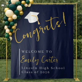 Tapiz Fondo personalizado de graduación Navy Gold Clase 