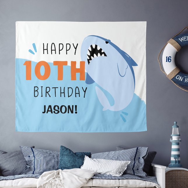 Tapiz Fondo personalizado de tiburón para niños de 10 añ (Shark Personalized Kids 10th Birthday Backdrop
)