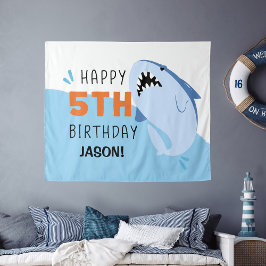 Tapiz Fondo personalizado para cumpleaños 5 de Shark Kid