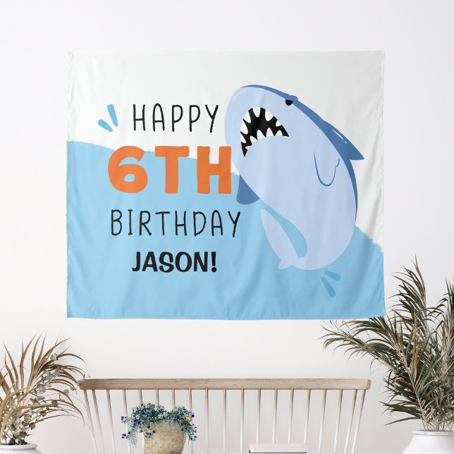 Tapiz Fondo personalizado para cumpleaños de tiburón par (Kids 6th Shark Birthday Backdrop Custom
)