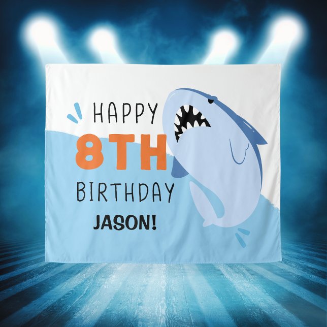 Tapiz Fondo personalizado para cumpleaños de tiburón par (Kids 8th Shark Birthday Backdrop Custom
)