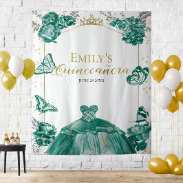 Tapiz Fondo Quinceanera Esmeralda Verde Vestido Floral