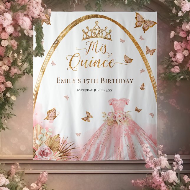 Tapiz Fondo Quinceanera | Floral Rubor Pink Gown (Subido por el creador)