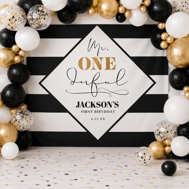 Tapiz Fondo rayado en blanco y negro del Sr. Onederful (Mr. Onederful Black and White Striped Backdrop)