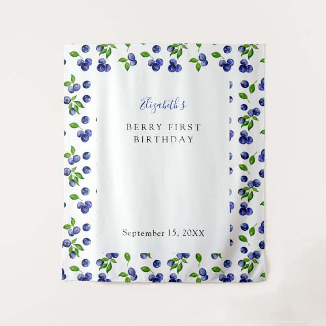 Tapiz Fondo simple de primer cumpleaños de arándanos azu (Anverso)