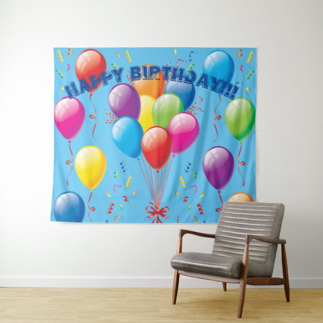 Tapiz Fondo y Banner de Cumpleaños con Globos - Azul (In situ (horizontal))