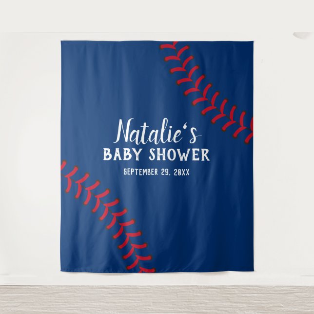 Tapiz Fondos para Baby Shower de béisbol en azul marino (Anverso)