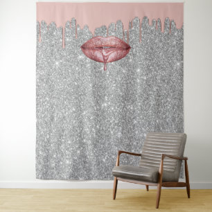 Tapiz Fondos plateados con labios goteando rosa oro