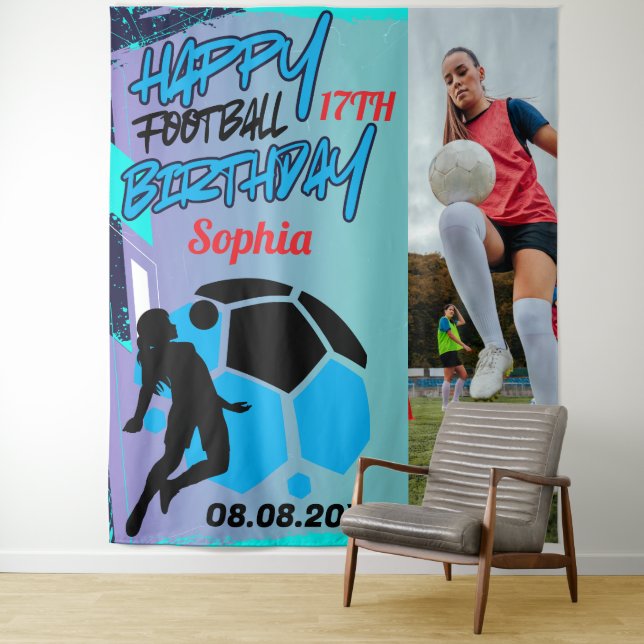 Tapiz Football Birthday, Football Girl Player Backdrop (In situ)