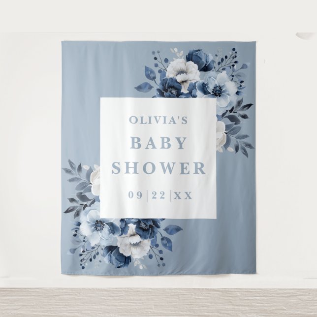 Tapiz Foto de Baby Shower Dusty Blue Floral (Anverso)