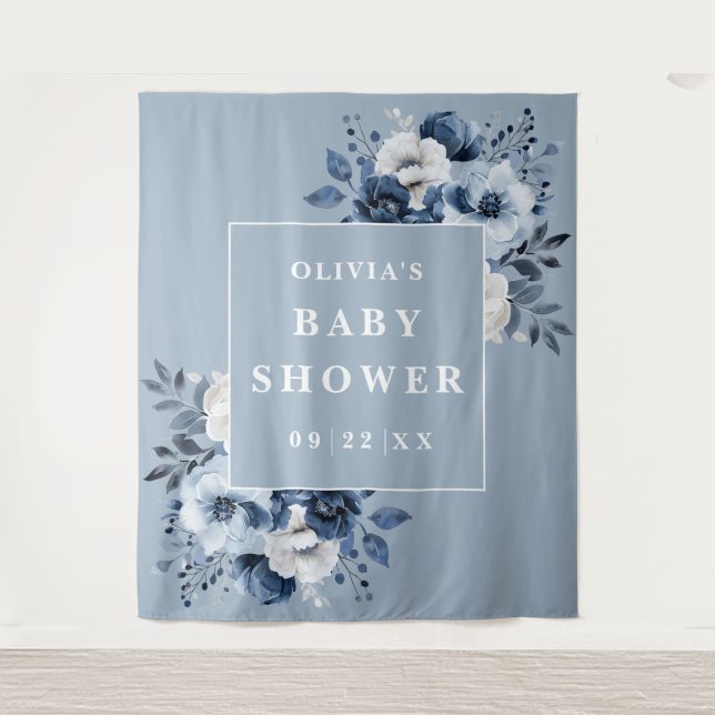 Tapiz Foto de Baby Shower Dusty Blue Floral (Anverso)