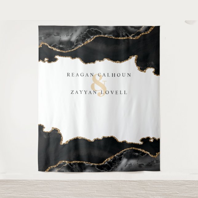 Tapiz Foto De Boda Moderno De Agate De Mármol Negro Y Or (Anverso)