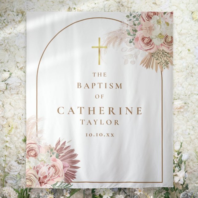 Tapiz Foto de fondo de Baptismo de Grass Arch Gold Pampa (Gold Arch Pampas Grass Baptism Photo Backdrop)