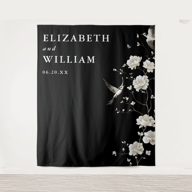 Tapiz Foto De Fondo De Boda De Chinoiserie En Blanco Y N (Anverso)