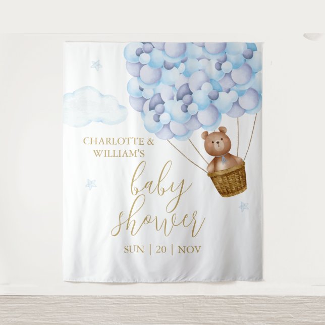 Tapiz Foto de fondo de Teddy Bear Blue Baby Shower (Anverso)