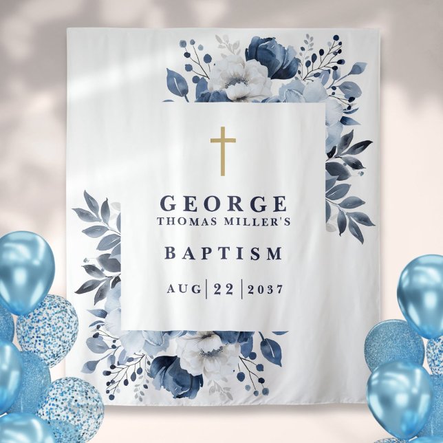Tapiz Foto de fondo del bautismo botánico azul de la Mar (Navy Blue Botanical Baptism Photo Backdrop)