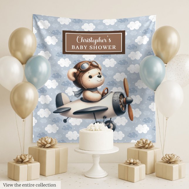 Tapiz Foto de foto de un piloto de osito de peluche clás (Classic teddy bear pilot baby shower photo wall Tapestry )