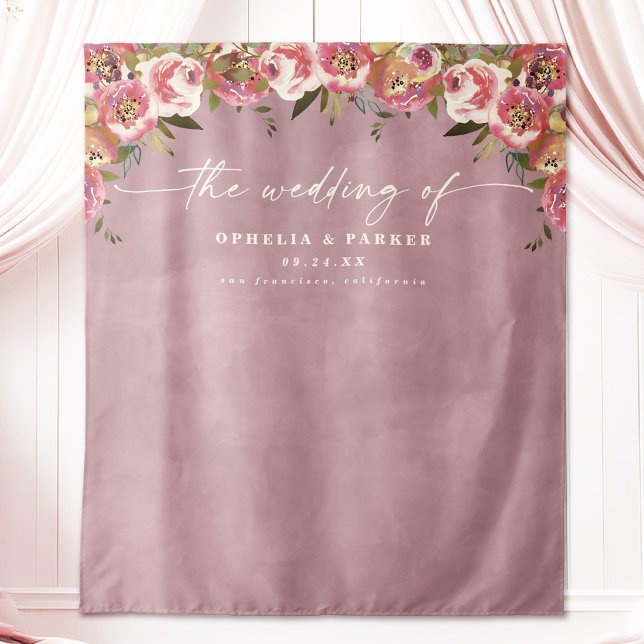 Tapiz Fotografía de bienvenida de Boda rosa de Ophelia (Say "I DO" to Romantic Watercolor Florals and a Cottagecore Vibe with the Ophelia Wedding Suite.)
