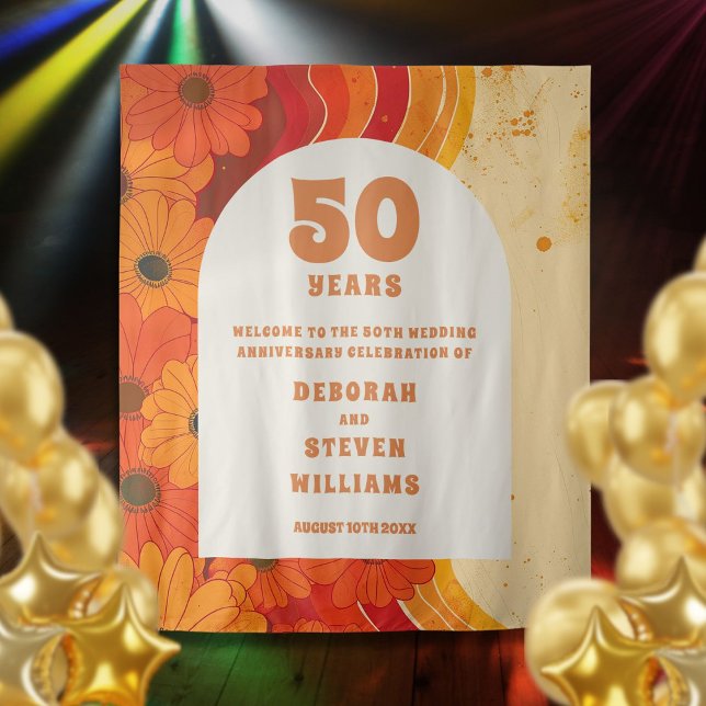 Tapiz Fotomontaje del 50º aniversario del Boda Retro (Retro 50th Wedding Anniversary Photobooth Backdrop)