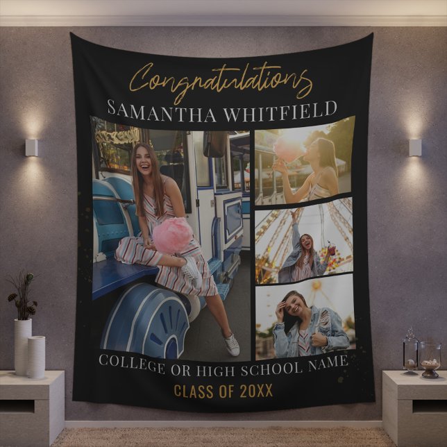 Tapiz Fotos de la Graduación 2025 Fotos con fondo negro (Graduation Party Photo Collage Black Wall Tapestry)