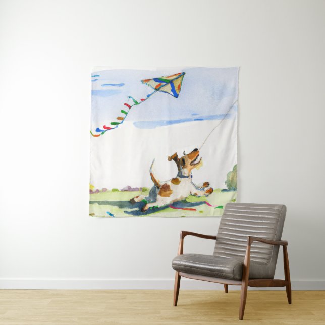 Tapiz Fox Terrier persiguiendo a un cometa en la acuarel (In situ)