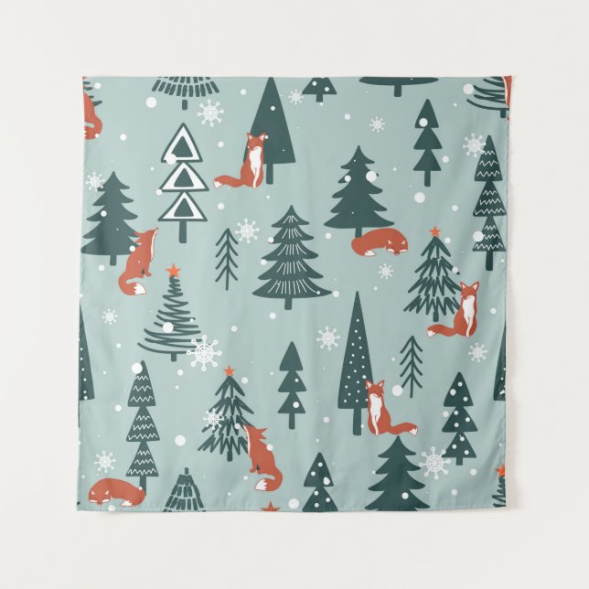 Tapiz Foxes, fir-trees, snow, hand drawn. Colorful seaml (Anverso)