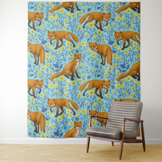 Tapiz Foxes y mariposas en azul de la piscina (In situ)