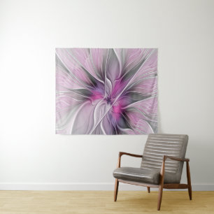 Tapiz Fractal floral moderno abstracto flor rosa gris