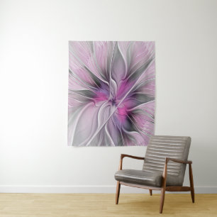 Tapiz Fractal floral moderno abstracto flor rosa gris
