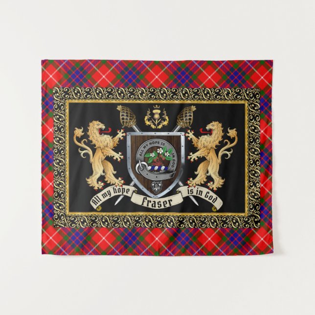 Tapiz Fraser Clan Badge & Motto con Leones (Anverso (horizontal))