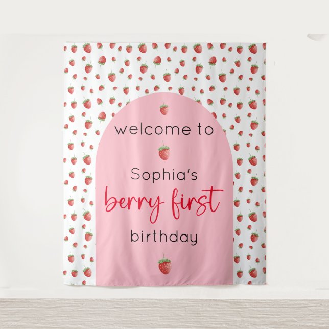 Tapiz Fresa primer cumpleaños Berry primero (Anverso)